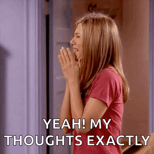 A Woman Covering Her Mouth With Her Hands And The Words Yeah My Thoughts Exactly GIF