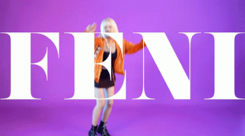 A Woman Dancing In Front Of The Word Feni On A Purple Background GIF
