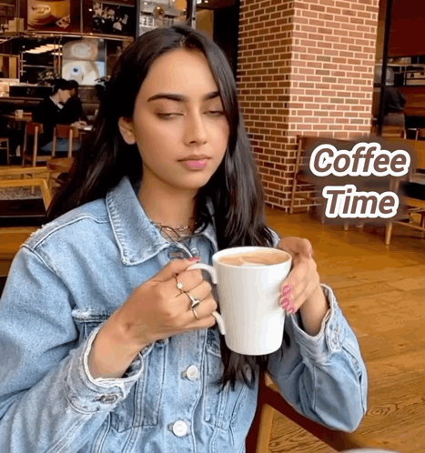 A Woman Drinking A Cup Of Coffee With The Words Coffee Time Written Above Her GIF