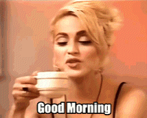 A Woman Drinking A Cup Of Coffee With The Words Good Morning Written On The Bottom GIF