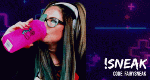 A Woman Drinking From A Pink Bottle With The Words Sneak Code Fairysneak GIF