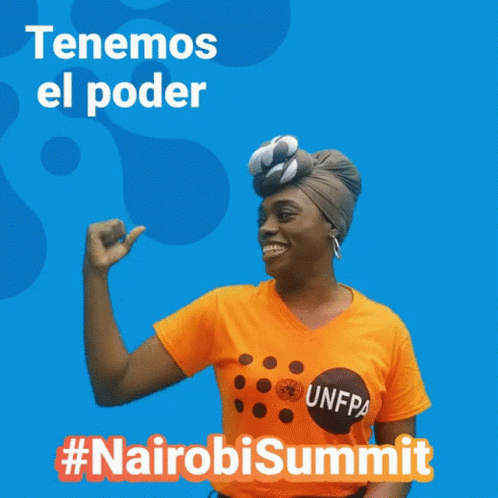 A Woman Flexes Her Arm In Front Of A Blue Background That Says " Tenemos El Poder " GIF