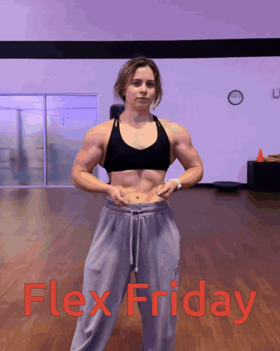A Woman Flexes Her Muscles In A Gym With The Words Flex Friday Written In Red GIF