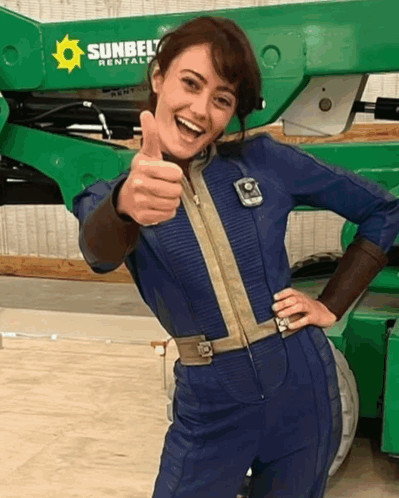 A Woman Giving A Thumbs Up In Front Of A Green Sunbelt Rental Vehicle GIF