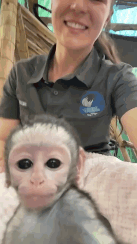 A Woman Holding A Baby Monkey With A Shirt That Says Rhino GIF