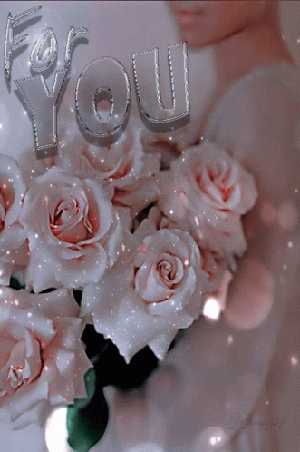 A Woman Holding A Bouquet Of White Roses With The Words " For You " Written Above Her GIF