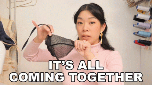 A Woman Holding A Bra With The Words It 'S All Coming Together Behind Her GIF