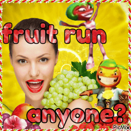 A Woman Holding A Bunch Of Grapes With The Words Fruit Run Anyone Written On It GIF