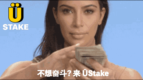 A Woman Holding A Bunch Of Money In Front Of A Sign That Says ' Stake ' GIF