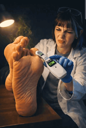 A Woman Holding A Device That Says Stink On The Screen GIF