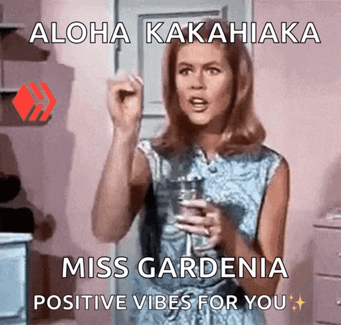 A Woman Holding A Glass Of Wine With The Words Aloha Kakahiaka Miss Gardenia Positive Vibes For You GIF