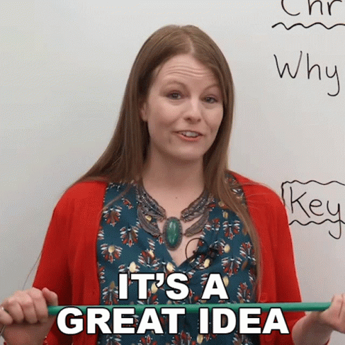 A Woman Holding A Green Stick With The Words " It 'S A Great Idea " On It GIF
