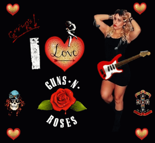 a woman holding a guitar in front of guns n roses logos