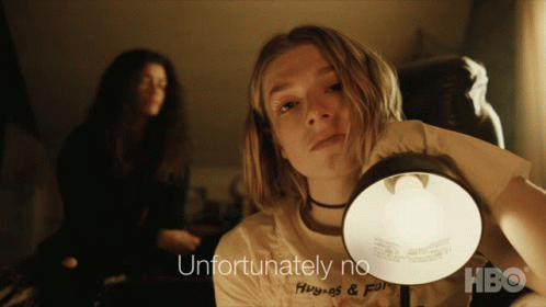 A Woman Holding A Lamp With The Words Unfortunately No On The Bottom Right GIF