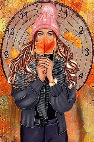 A Woman Holding A Maple Leaf In Front Of A Clock That Shows The Time As Almost 2:30 GIF