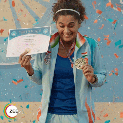 A Woman Holding A Medal And A Certificate That Says Certificate Of Participation Asia Games 2014 GIF