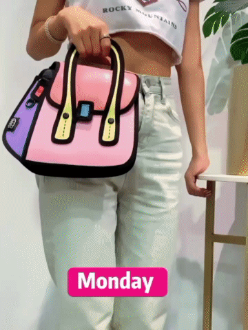 A Woman Holding A Pink And Purple Purse With The Word Monday On The Bottom GIF