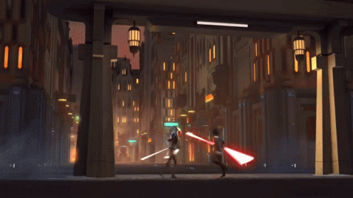 A Woman Holding A Red Light Saber In Front Of A Man GIF