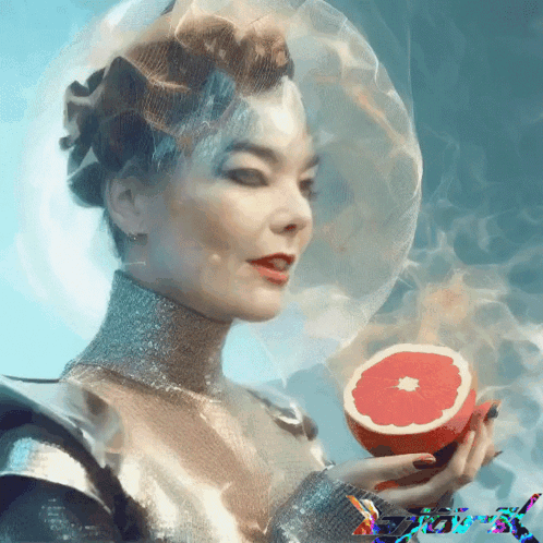 A Woman Holding A Slice Of Grapefruit With Smoke Coming Out Of Her Head GIF