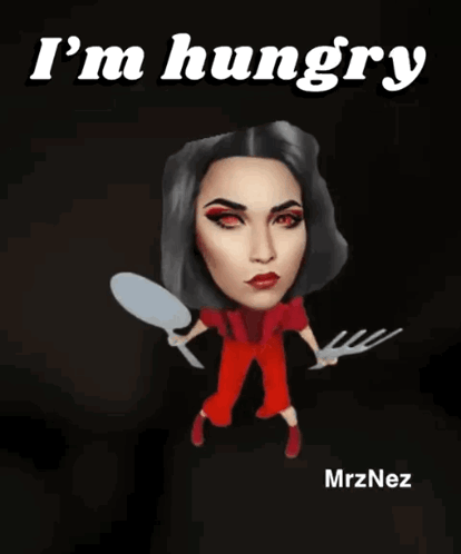 A Woman Holding A Spoon And Fork With The Words I 'M Hungry Written Above Her GIF
