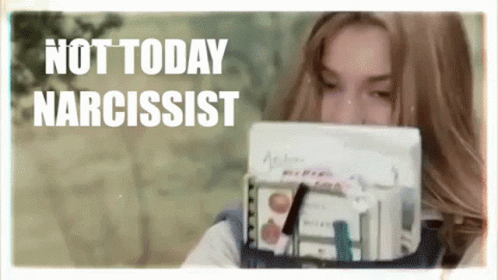 a woman holding a stack of papers with the words " not today narcissist " written above her