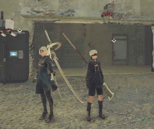 A Woman Holding A Sword And A Man Holding A Sword Are Standing Next To Each Other GIF