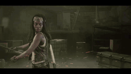 A Woman Holding A Sword With A Red Background Behind Her GIF