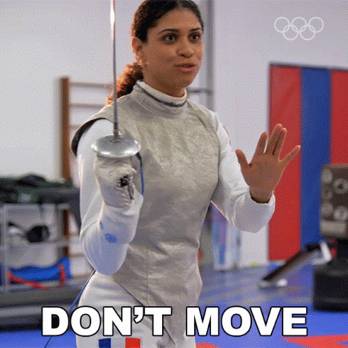 A Woman Holding A Sword With The Words " Don 'T Move " Above Her GIF