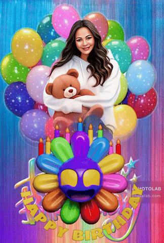 A Woman Holding A Teddy Bear Surrounded By Balloons And Candles With The Words Happy Birthday Below Her GIF