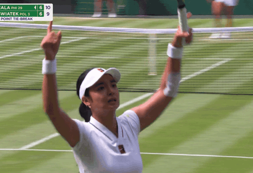 A Woman Holding A Tennis Racquet On A Court With A Scoreboard In The Background That Says Point Tie-Break GIF