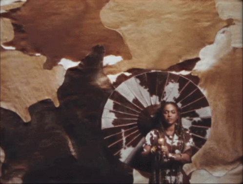 A Woman Holding An Umbrella In Front Of A Brown And White Cowhide GIF