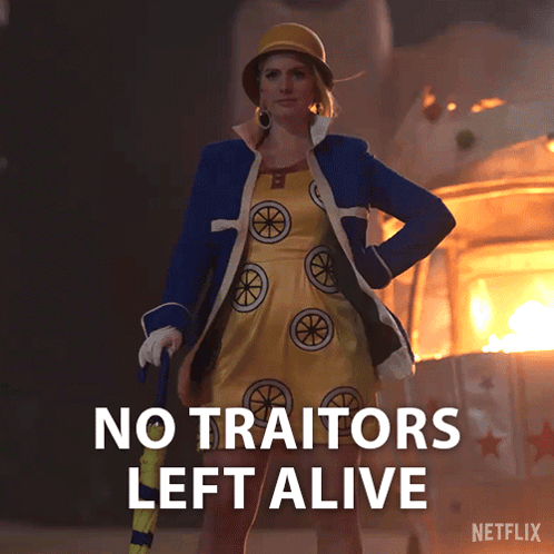 A Woman Holding An Umbrella With The Words " No Traitors Left Alive " On The Bottom GIF