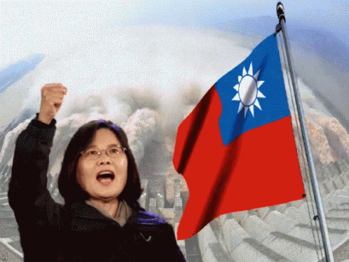 A Woman Holds Her Fist Up In Front Of A Chinese Flag GIF