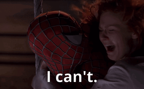 A Woman Hugging A Spider Man With The Words " I Can 'T " Written On The Bottom GIF