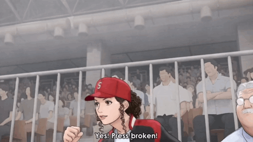 A Woman In A Baseball Cap With The Letter S On It Says Yes Press Broken GIF