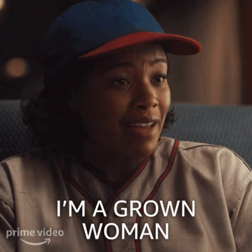 A Woman In A Baseball Uniform Says I 'M A Grown Woman On A Prime Video Ad GIF