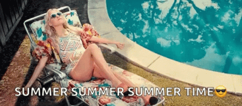 A Woman In A Bathing Suit Is Laying On A Lounge Chair By A Pool With The Words Summer Summer Summer Time Below Her GIF
