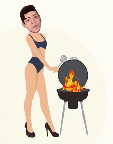 A Woman In A Bikini Cooking On A Grill With A Spatula GIF