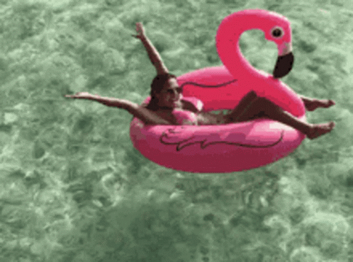 A Woman In A Bikini Is Floating On A Pink Flamingo Float In The Water GIF