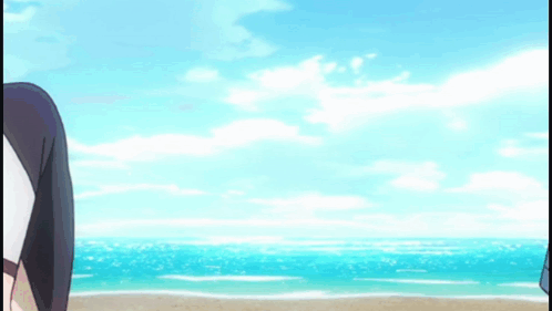 A Woman In A Bikini Is Jumping Into The Water On The Beach . GIF
