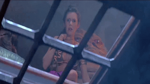 A Woman In A Bikini Is Sitting On A Bed Behind A Fence . GIF