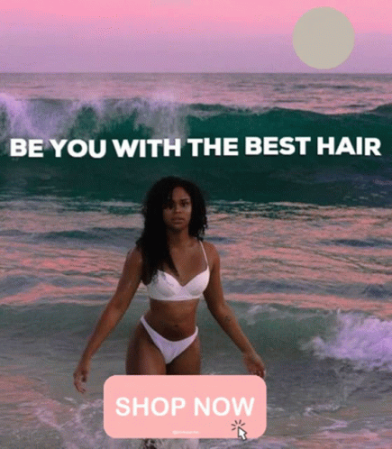 a woman in a bikini is standing in the ocean with the words be you with the best hair above her