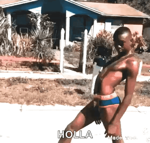 A Woman In A Bikini Is Walking Down A Street And The Word Holla Is On The Bottom Right GIF