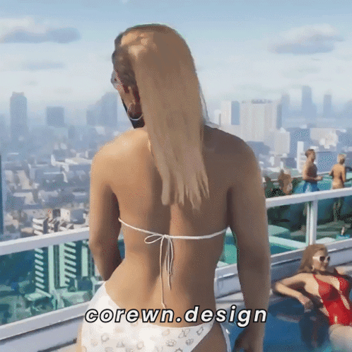 A Woman In A Bikini Stands On A Balcony Overlooking A City With The Words Corewn.design Written Below Her GIF