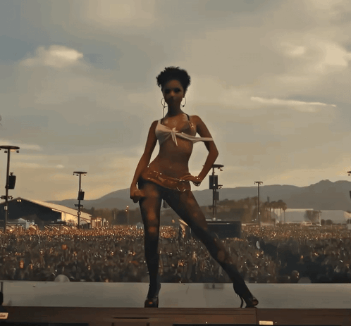A Woman In A Bikini Stands On A Stage In Front Of A Crowd Of People GIF