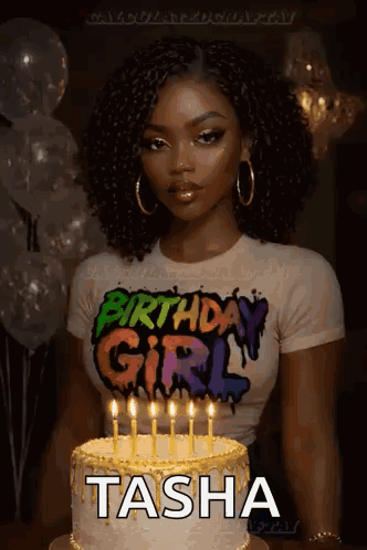 A Woman In A Birthday Girl Shirt Stands In Front Of A Birthday Cake With Candles . GIF