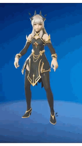 a woman in a black and gold outfit is standing on a blue surface
