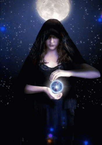A Woman In A Black Cape Is Holding A Blue Sphere In Her Hands In Front Of A Full Moon GIF