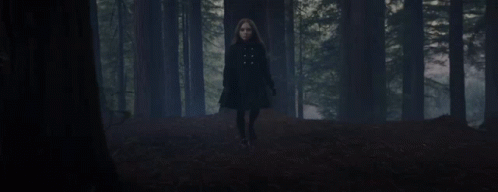 A Woman In A Black Coat Is Walking Through A Forest GIF