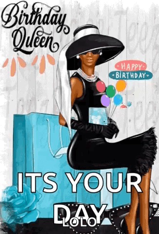 A Woman In A Black Dress And Hat Is Holding Balloons . GIF
